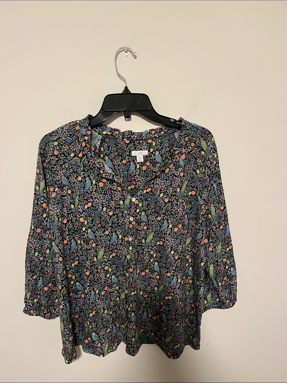 J. Jill Black Button-Front Blouse with Multi-Color Floral Print